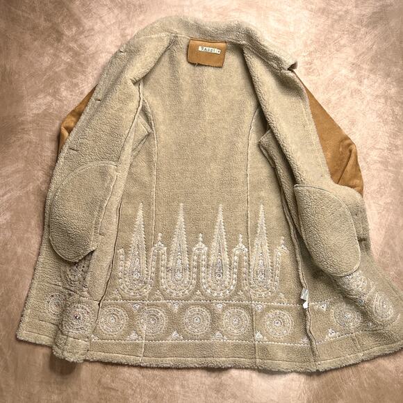 Vintage 90s Bacci Floral Embroidered Penny Lane Coat Faux Suede Sherpa Collar - Picture 6 of 11